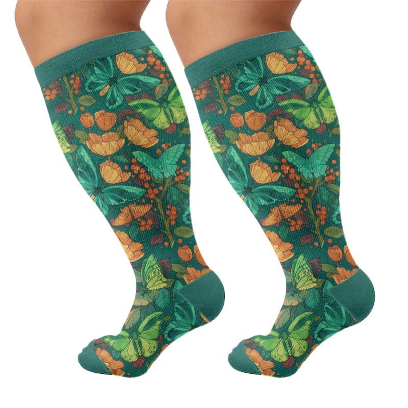 Chaussettes de compression grandes tailles à motif papillon et fleurs - Vert foncé (1 paire) - 4XL - image 10