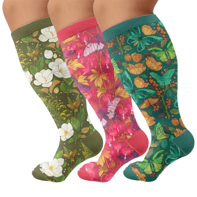 Chaussettes de compression grandes tailles à motif papillon et fleurs - Multicolore (3 paires) - 4XL - image 4