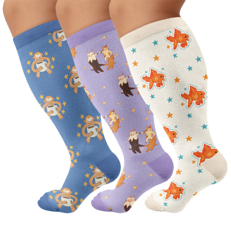Chaussettes de compression grandes tailles Poisson Chat Singe - Multicolore (3 paires) - 4XL - image 4