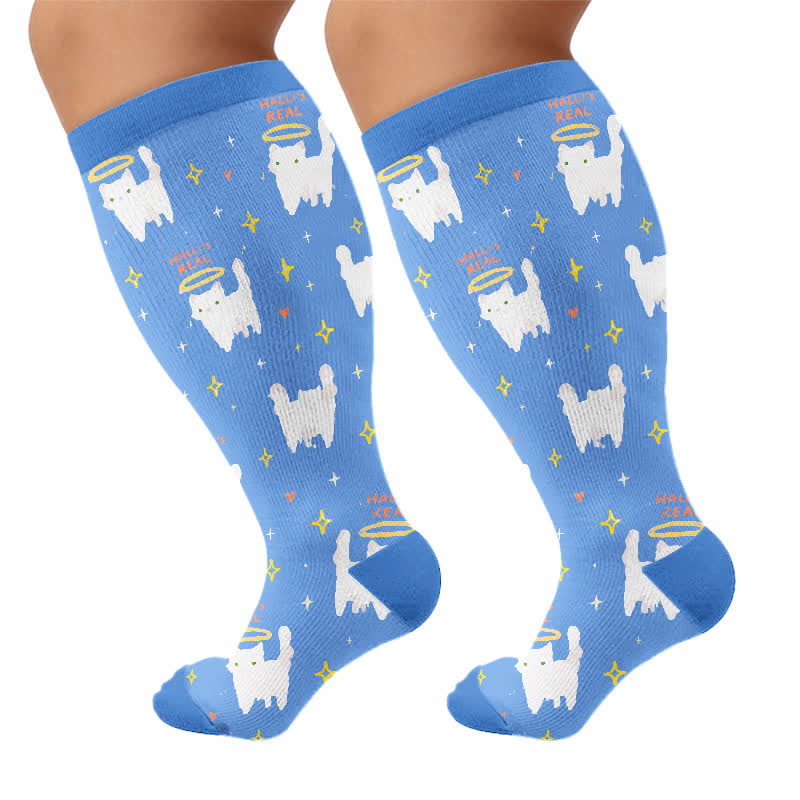Chaussettes de compression hautes tailles avec motif chat. - Bleu (1 paire) - 4XL - image 8
