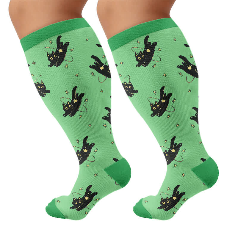 Chaussettes de compression hautes tailles avec motif chat. - Vert (1 paire) - 4XL - image 9