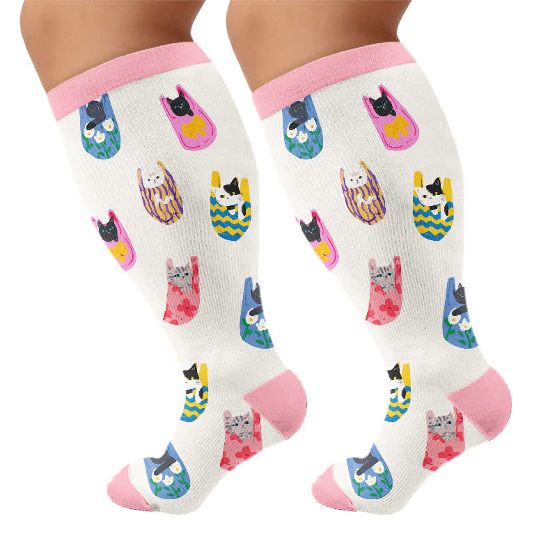 Chaussettes de compression hautes tailles avec motif chat. - Rose (1 paire) - 4XL - image 10