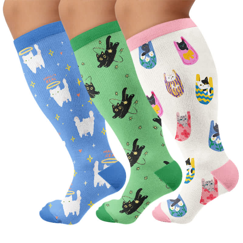 Chaussettes de compression hautes tailles avec motif chat. - Multicolore (3 paires) - 4XL - image 4