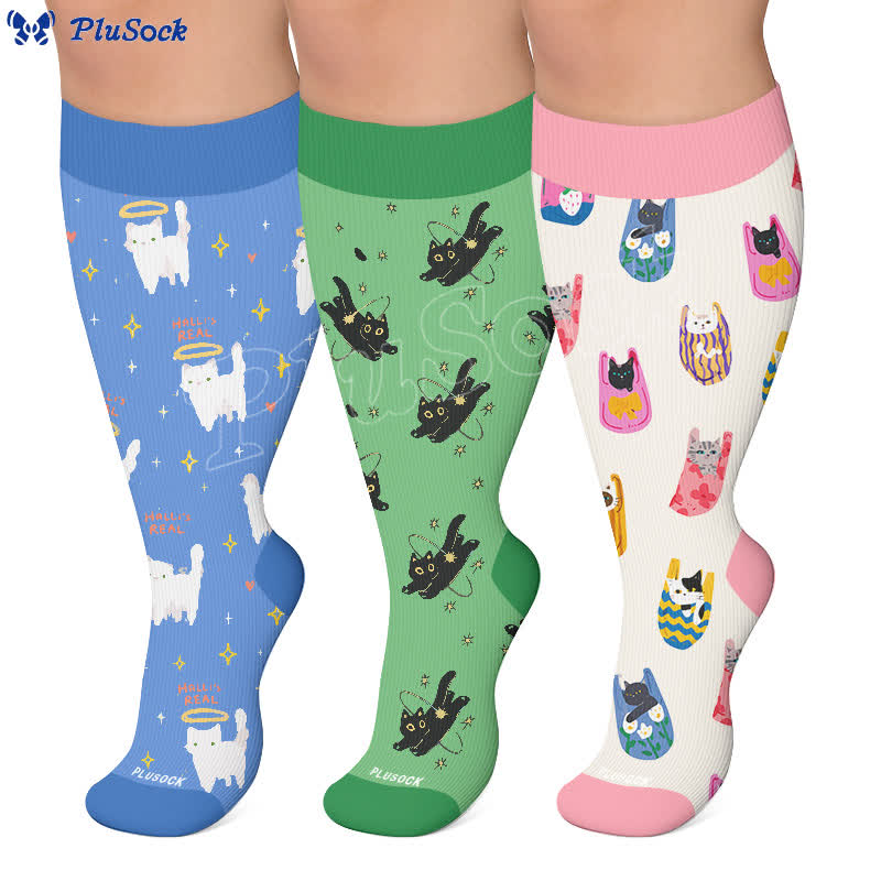 Chaussettes de compression hautes tailles avec motif chat. - image 0