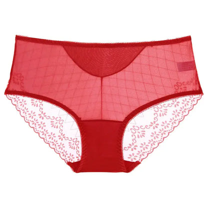 Culotte taille haute en dentelle et résille (lot de 3) - Rouge - 2XL - image 4