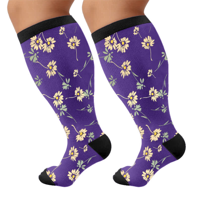 Chaussettes de compression à motif marguerite grande taille - Bleu (1 paire) - 4XL - image 7