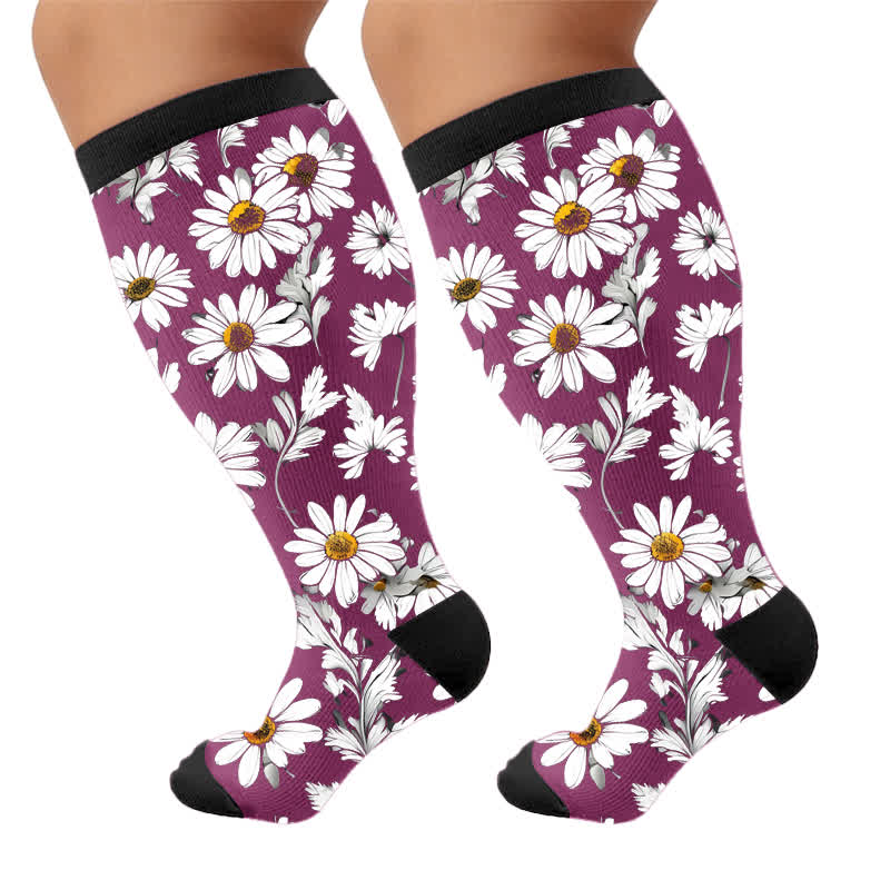 Chaussettes de compression à motif marguerite grande taille - Violet (1 paire) - 4XL - image 5