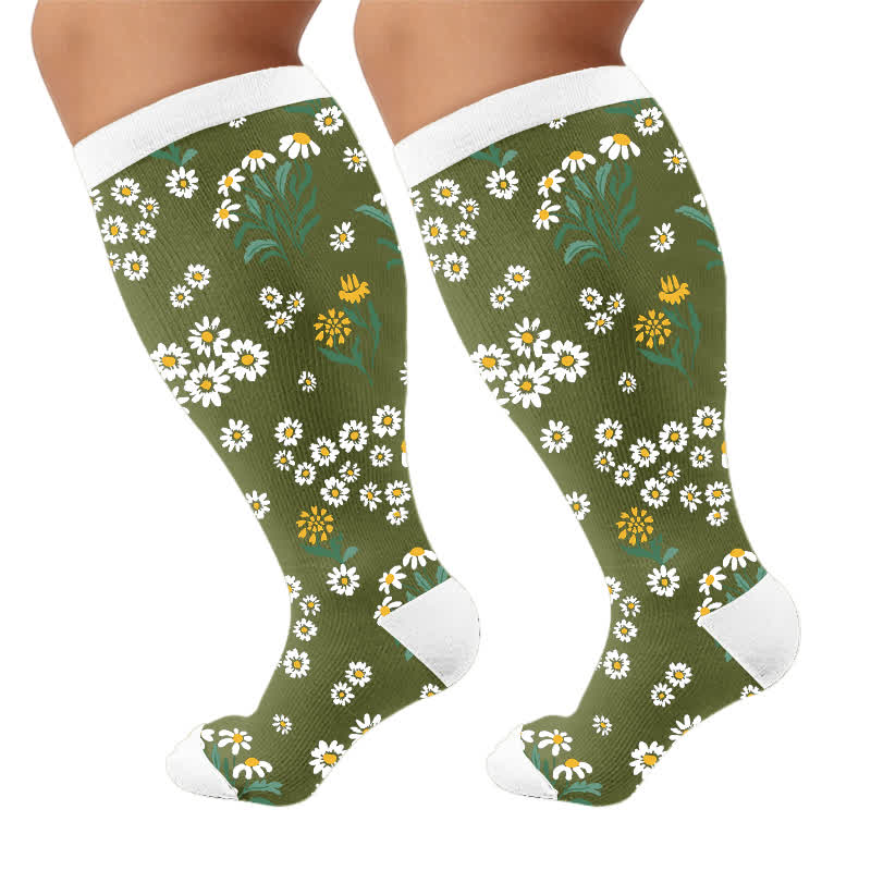 Chaussettes de compression à motif marguerite grande taille - Vert (1 paire) - 4XL - image 6
