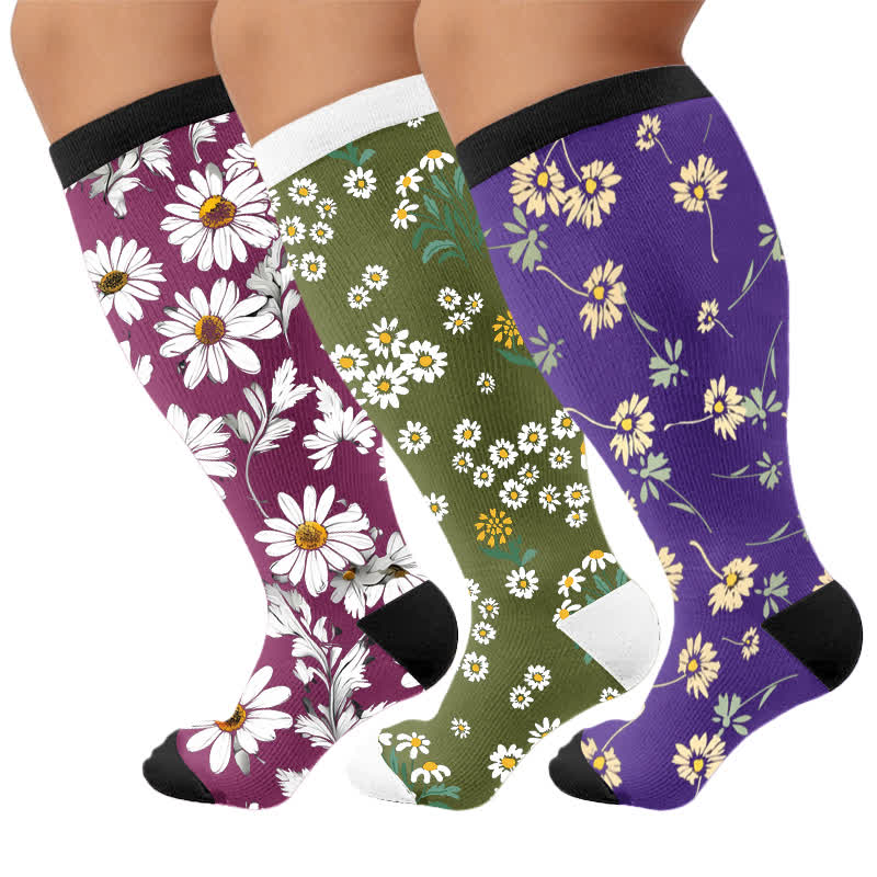 Chaussettes de compression à motif marguerite grande taille - Multicolore (3 paires) - 4XL - image 1