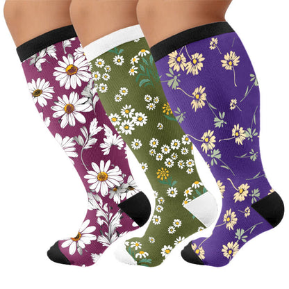 Chaussettes de compression à motif marguerite grande taille - Multicolore (3 paires) - 4XL - image 1