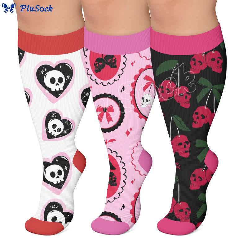 Chaussettes de compression gothiques à tête de mort et cerise grande taille - image 0