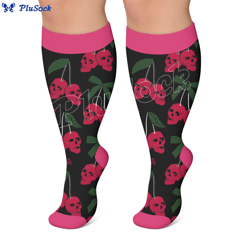 Chaussettes de compression gothiques à tête de mort et cerise grande taille - image 4