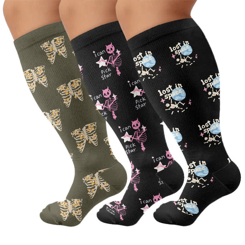 Chaussettes de compression grandes tailles à motif chat gothique et étoile - Multicolore (3 paires) - 4XL - image 4
