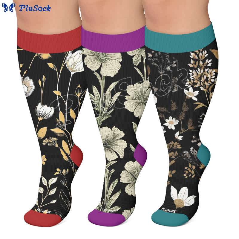 Chaussettes de compression grandes tailles à motifs floraux contrastés - image 0