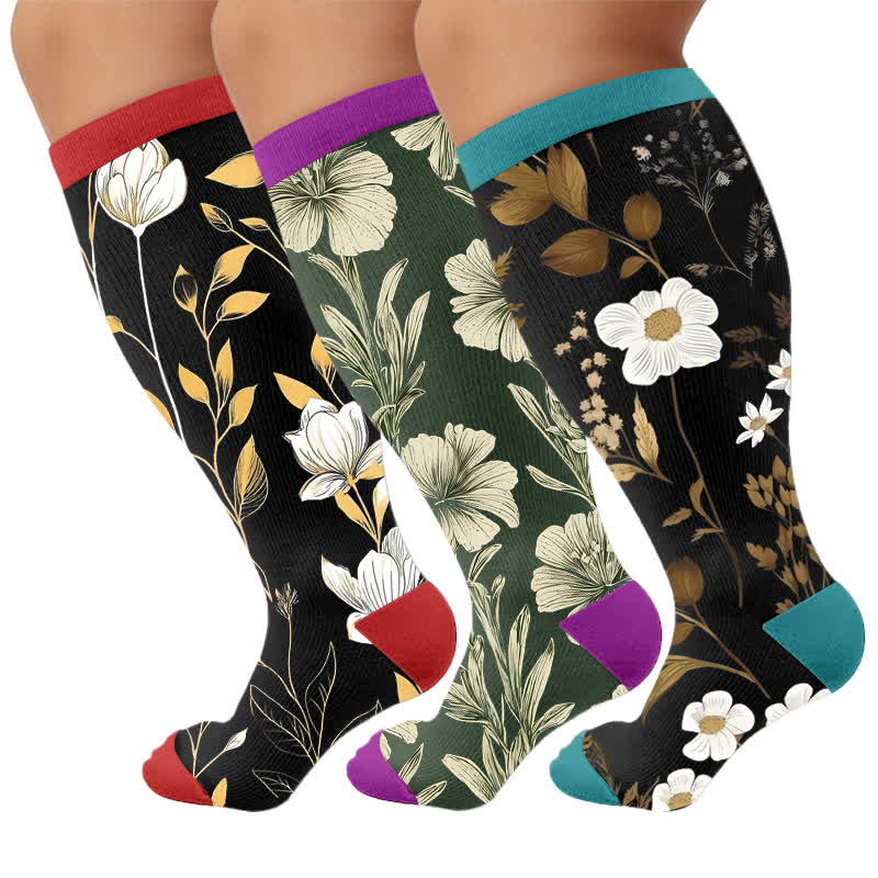 Chaussettes de compression grandes tailles à motifs floraux contrastés - Multicolore (3 paires) - 4XL - image 4