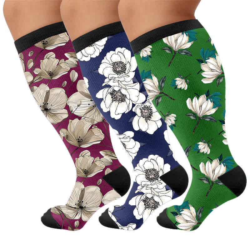 Chaussettes de compression Magnolia à motif floral grandes tailles - Multicolore (3 paires) - 4XL - image 4