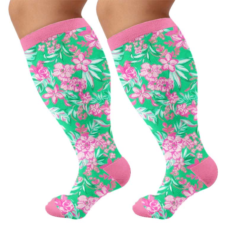 Chaussettes de compression à motif floral tropical grande taille - Vert (1 paire) - 4XL - image 6