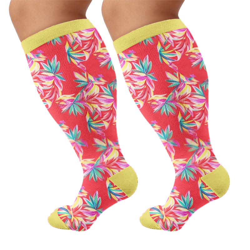 Chaussettes de compression à motif floral tropical grande taille - Rouge (1 paire) - 4XL - image 7