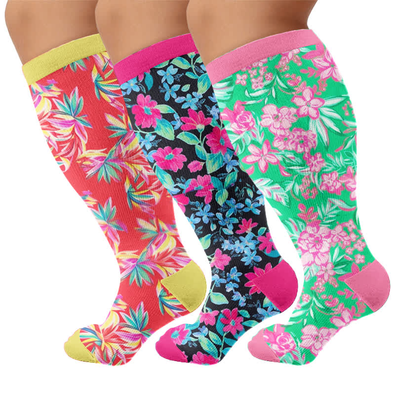 Chaussettes de compression à motif floral tropical grande taille - Multicolore (3 paires) - 4XL - image 4