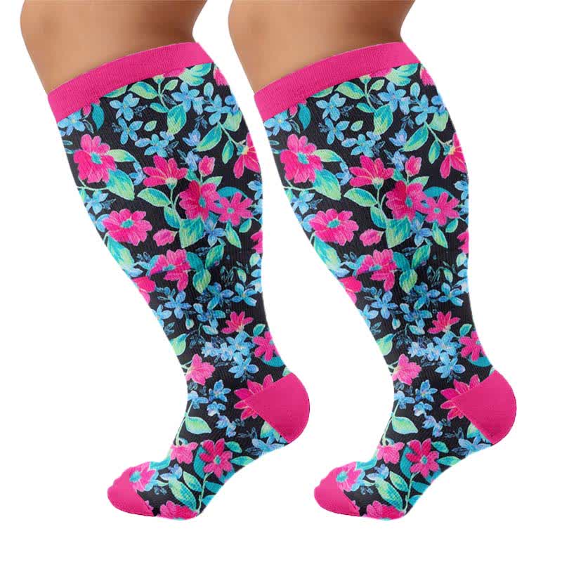 Chaussettes de compression à motif floral tropical grande taille - Bleu (1 paire) - 4XL - image 5