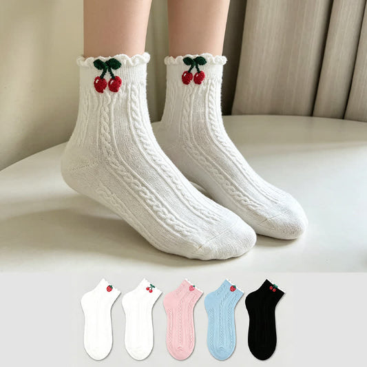 Chaussettes courtes en coton côtelé à motif cerise (2 paires) - image 0