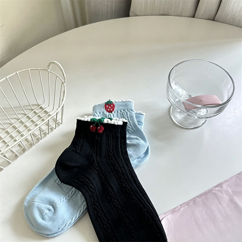 Chaussettes courtes en coton côtelé à motif cerise (2 paires) - Bleu et noir - 40(US2-7) - image 7