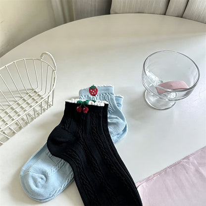 Chaussettes courtes en coton côtelé à motif cerise (2 paires) - Bleu et noir - 40(US2-7) - image 7