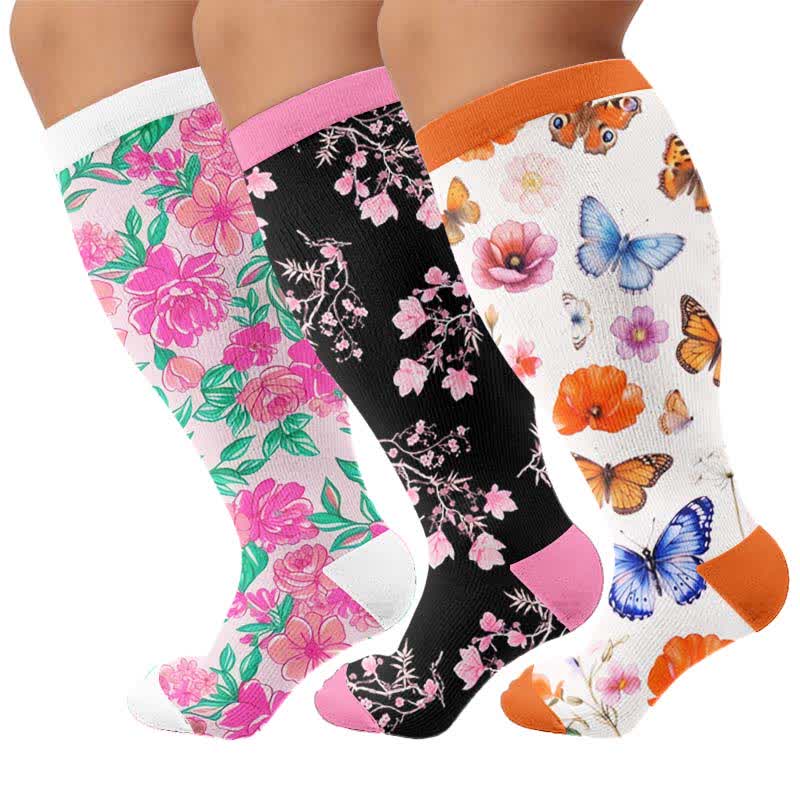 Chaussettes de compression à imprimé floral grande taille - Multicolore (3 paires) - 4XL - image 4
