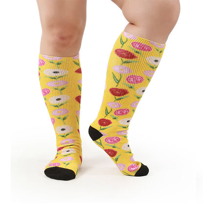 Chaussettes hautes fleuries grandes tailles - Jaune - One Size - image 7