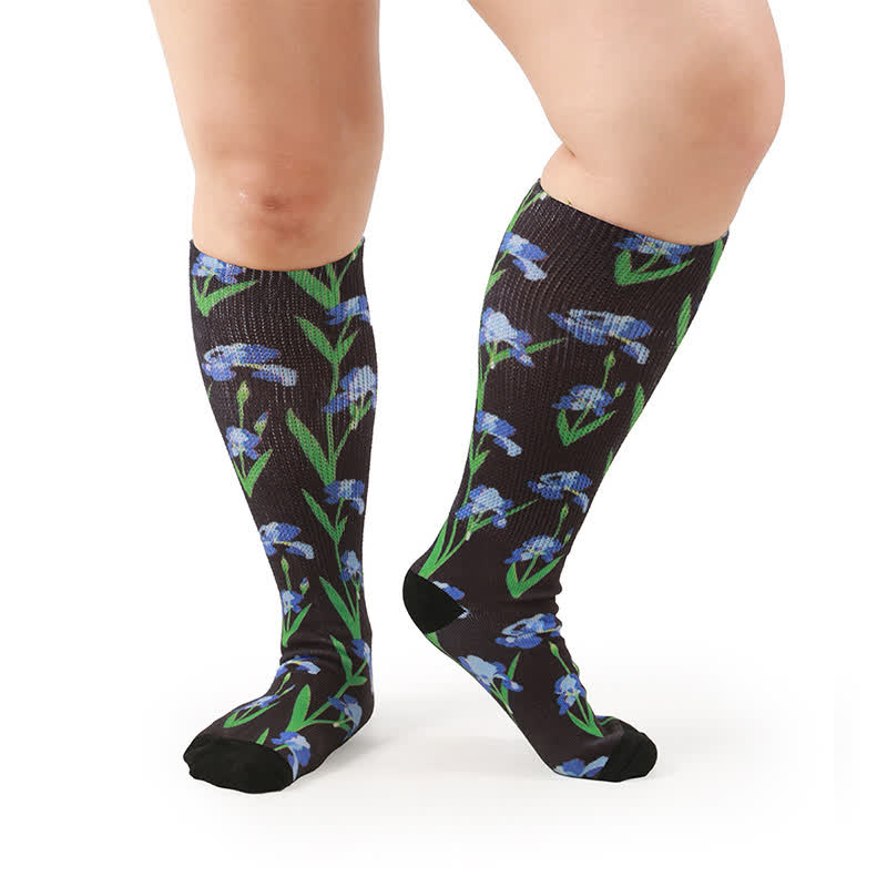 Chaussettes hautes fleuries grandes tailles - Bleu foncé - One Size - image 8