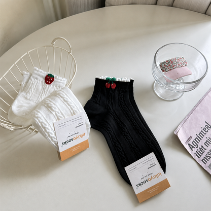 Chaussettes courtes en coton côtelé à motif cerise (2 paires) - Noir+Blanc-A - 40(US2-7) - image 6