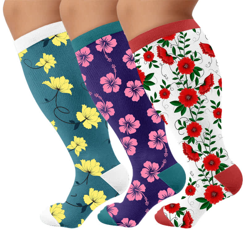Chaussettes de compression grandes tailles à fleurs éclatantes - Multicolore (3 paires) - 4XL - image 4