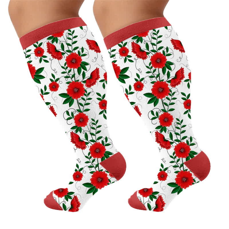 Chaussettes de compression grandes tailles à fleurs éclatantes - Rouge (1 paire) - 4XL - image 10