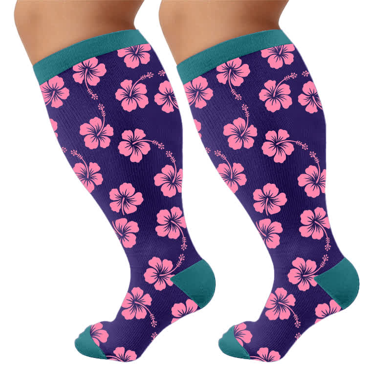 Chaussettes de compression grandes tailles à fleurs éclatantes - Violet (1 paire) - 4XL - image 9