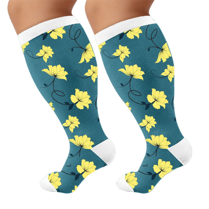 Chaussettes de compression grandes tailles à fleurs éclatantes - Bleu (1 paire) - 4XL - image 8