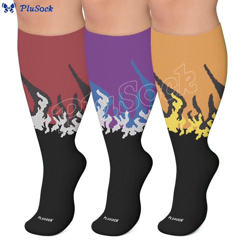 Chaussettes de compression grandes tailles à motif flamme et blocs de couleur - image 0