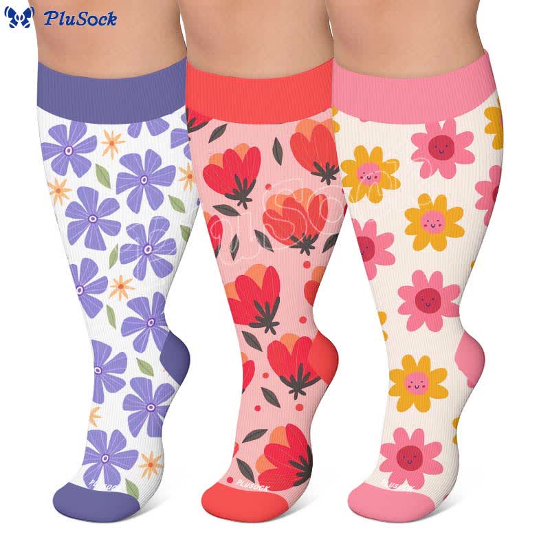 Chaussettes de compression blanches à fleurs grandes tailles - image 0