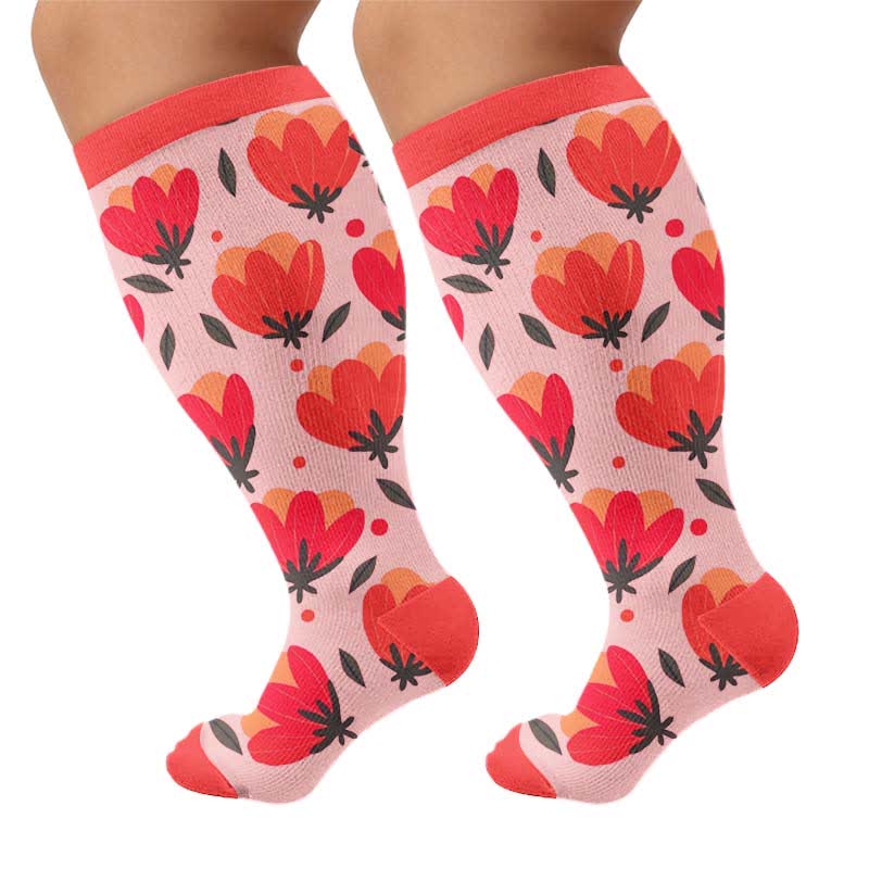 Chaussettes de compression blanches à fleurs grandes tailles - Rouge (1 paire) - 4XL - image 9