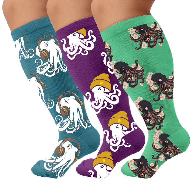 Chaussettes de compression tendance grande taille en forme de pieuvre - Multicolore (3 paires) - 4XL - image 4