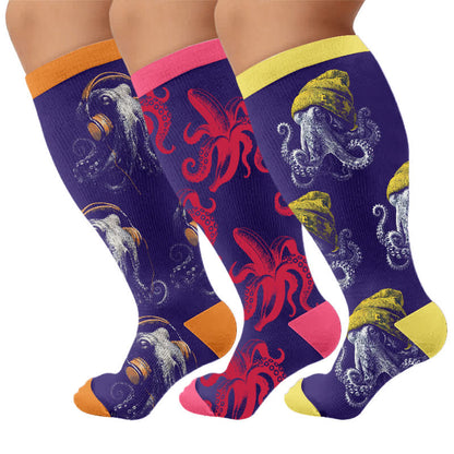 Chaussettes de compression grandes tailles à motif pieuvre bizarre - Multicolore (3 paires) - 4XL - image 4