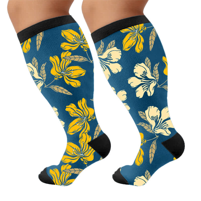 Chaussettes de compression grandes tailles à motif floral pour jardin - Bleu (1 paire) - 4XL - image 10