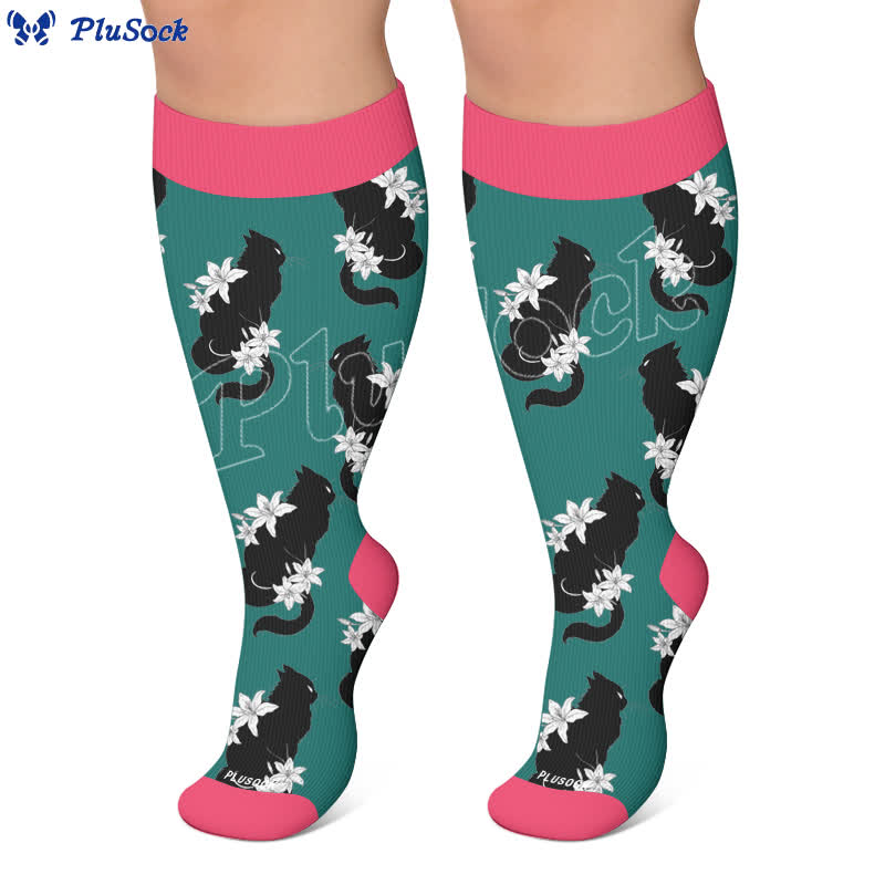Chaussettes de compression grandes tailles à motif chat et fleurs - image 6