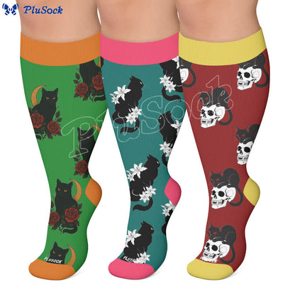 Chaussettes de compression grandes tailles à motif chat et fleurs - image 0