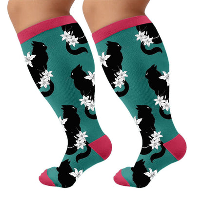 Chaussettes de compression grandes tailles à motif chat et fleurs - Bleu (1 paire) - 4XL - image 9