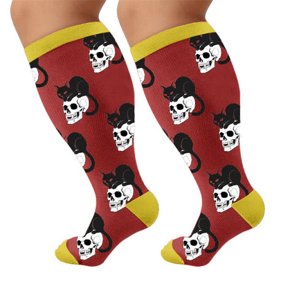 Chaussettes de compression grandes tailles à motif chat et fleurs - Rouge (1 paire) - 4XL - image 10