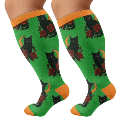 Chaussettes de compression grandes tailles à motif chat et fleurs - Vert (1 paire) - 4XL - image 8
