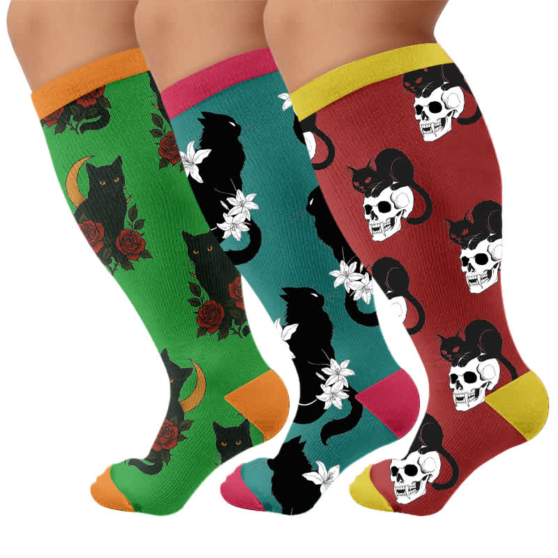 Chaussettes de compression grandes tailles à motif chat et fleurs - Multicolore (3 paires) - 4XL - image 4