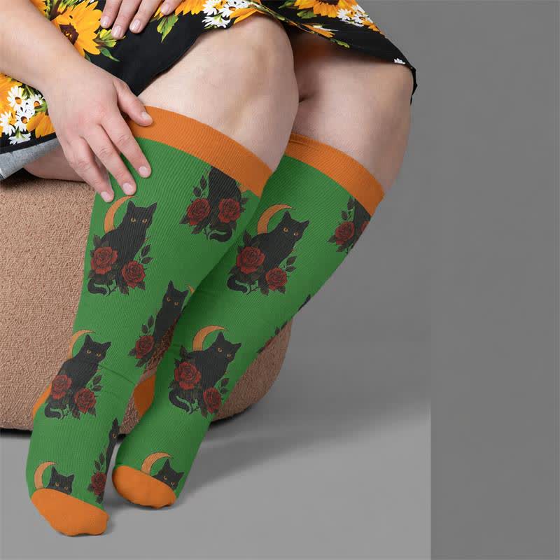 Chaussettes de compression grandes tailles à motif chat et fleurs - image 1