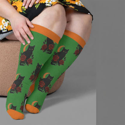 Chaussettes de compression grandes tailles à motif chat et fleurs - image 1