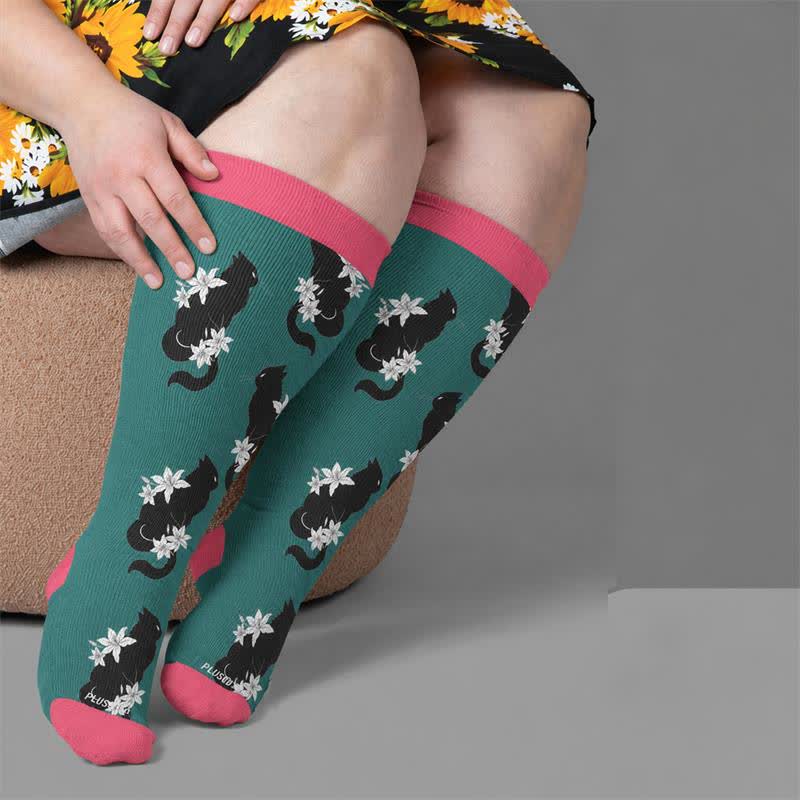 Chaussettes de compression grandes tailles à motif chat et fleurs - image 2